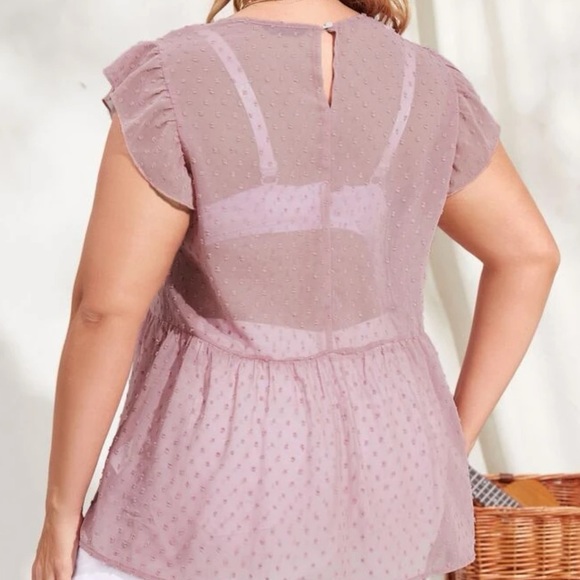 SHEIN women’s plus Swiss dot sheer ruffle hem blouse short sleeve and Flowy - Picture 3 of 6